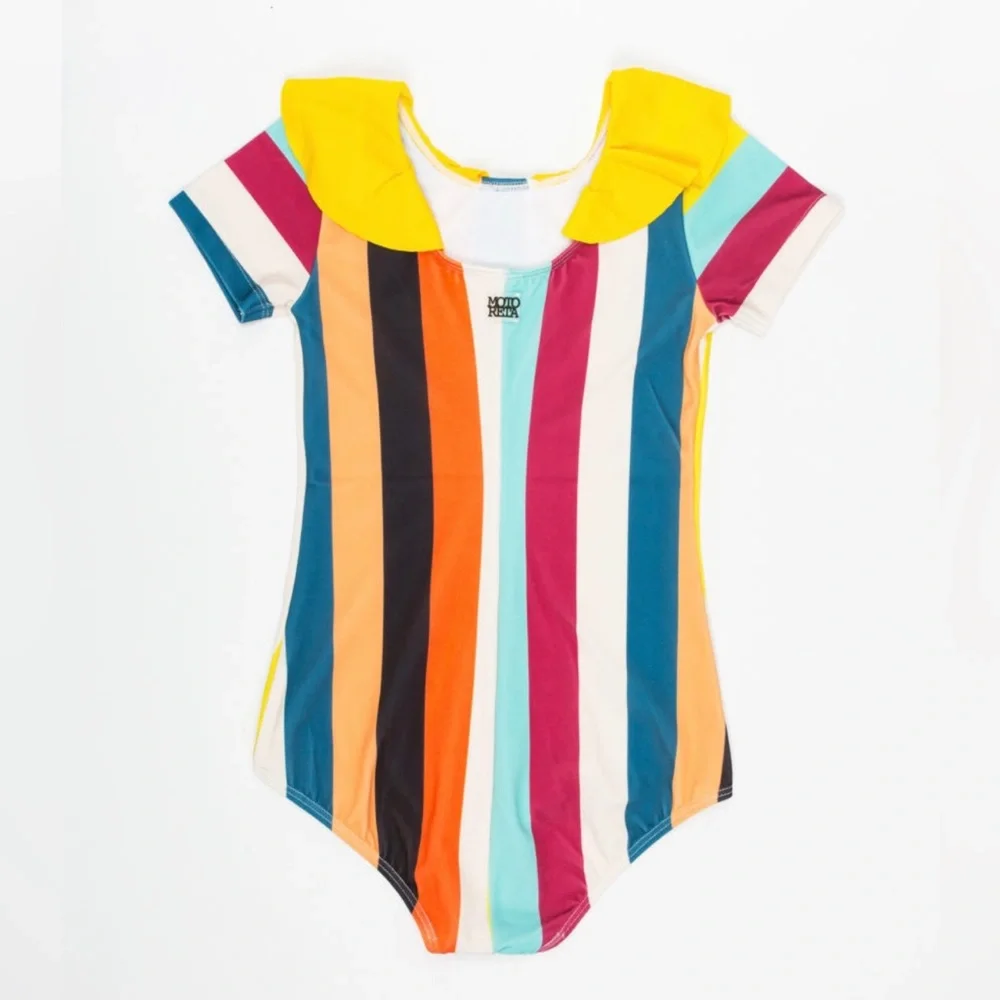 Girls' Multicolor Striped One-Piece Swimsuit with Yellow Peter Pan Collar